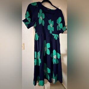 MoHoCo Navy Green Floral Midi Dress Smocked Bodice Size L
